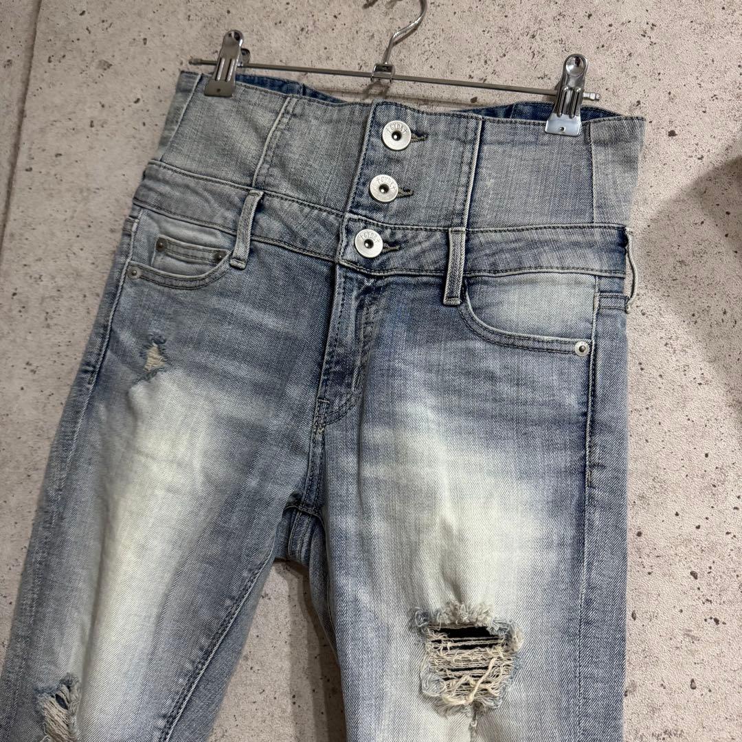 GYDA ハイウエストバッククロスダメージスキニーデニムパンツ