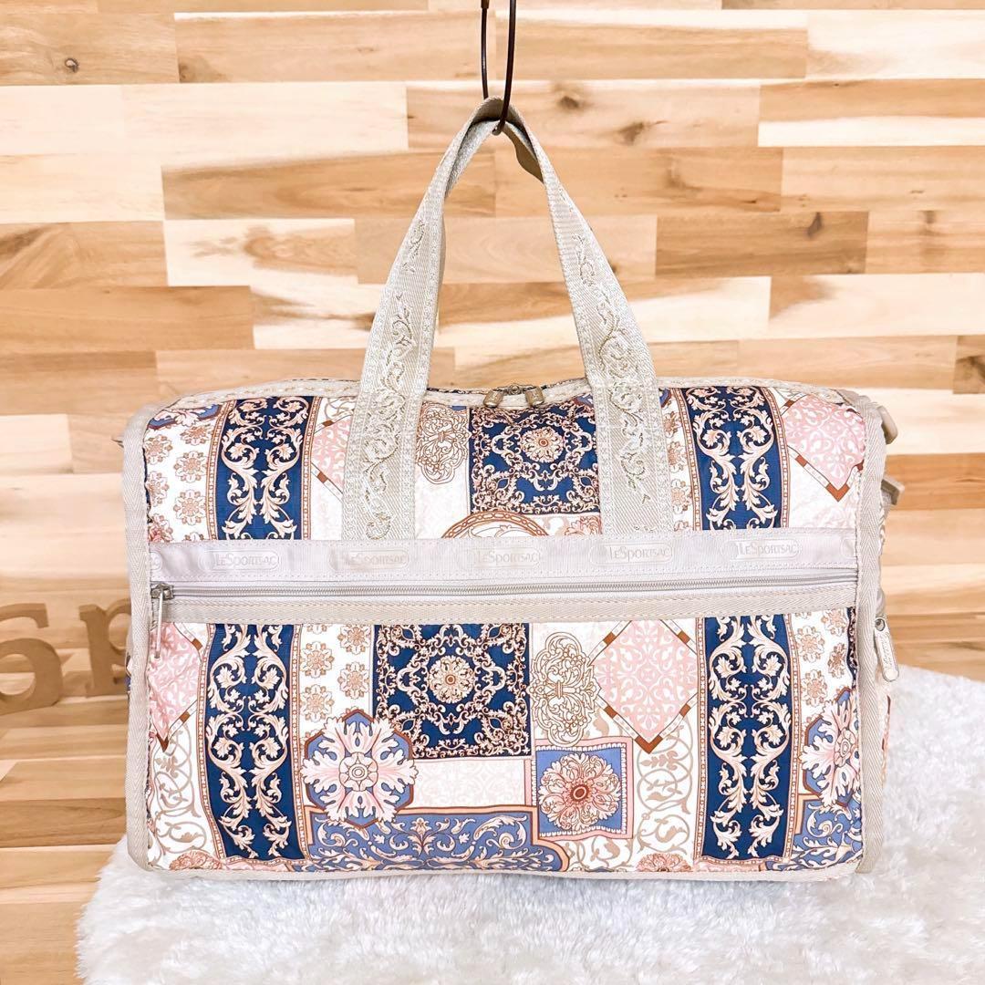 希少【レスポートサック】ボストンバッグ オードリー柄 総柄 刺繍 ベージュ×金