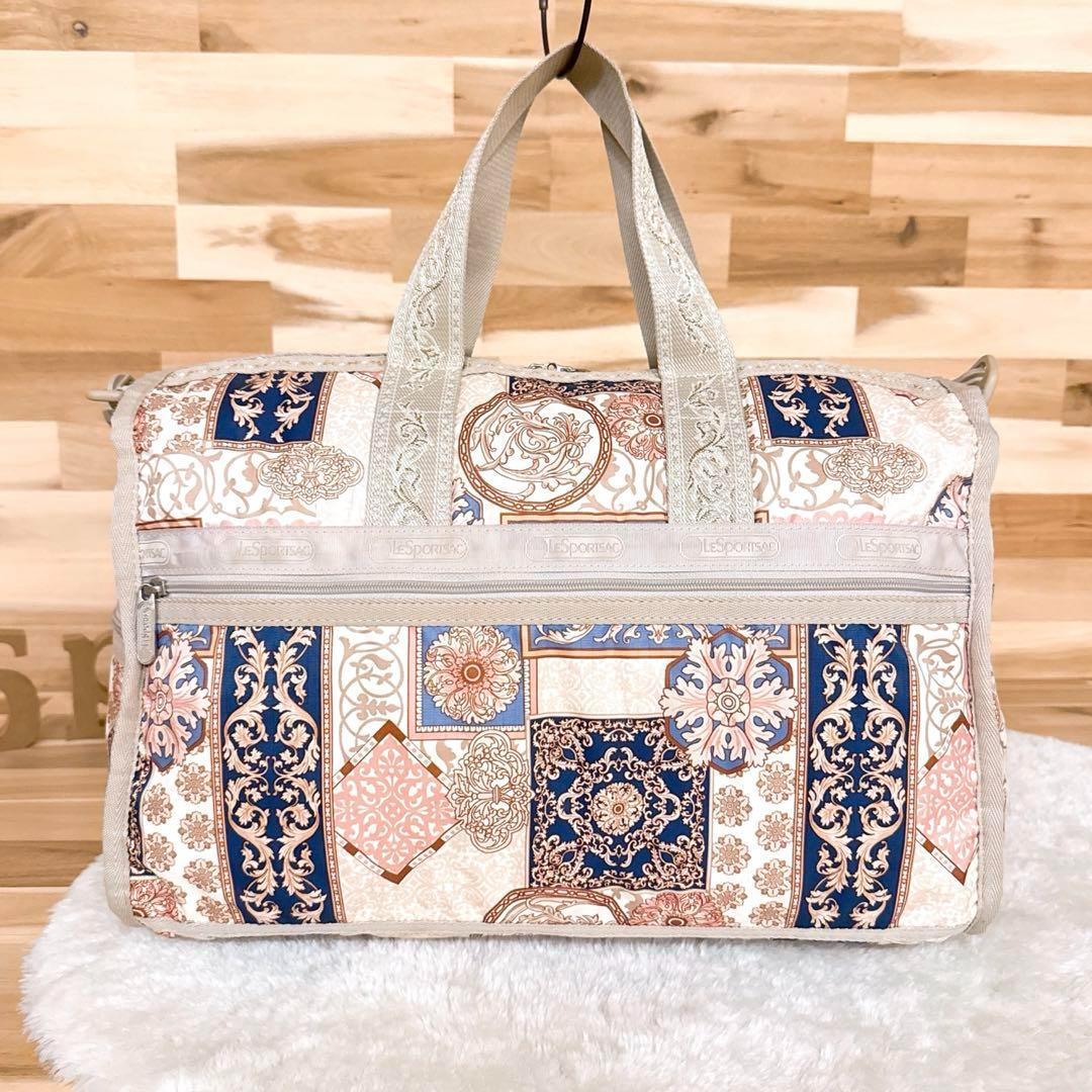 希少【レスポートサック】ボストンバッグ オードリー柄 総柄 刺繍 ベージュ×金