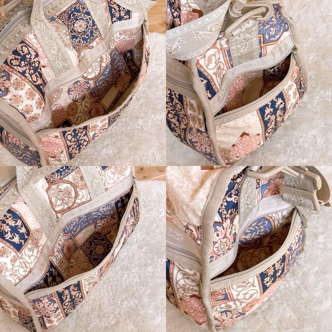 希少【レスポートサック】ボストンバッグ オードリー柄 総柄 刺繍 ベージュ×金