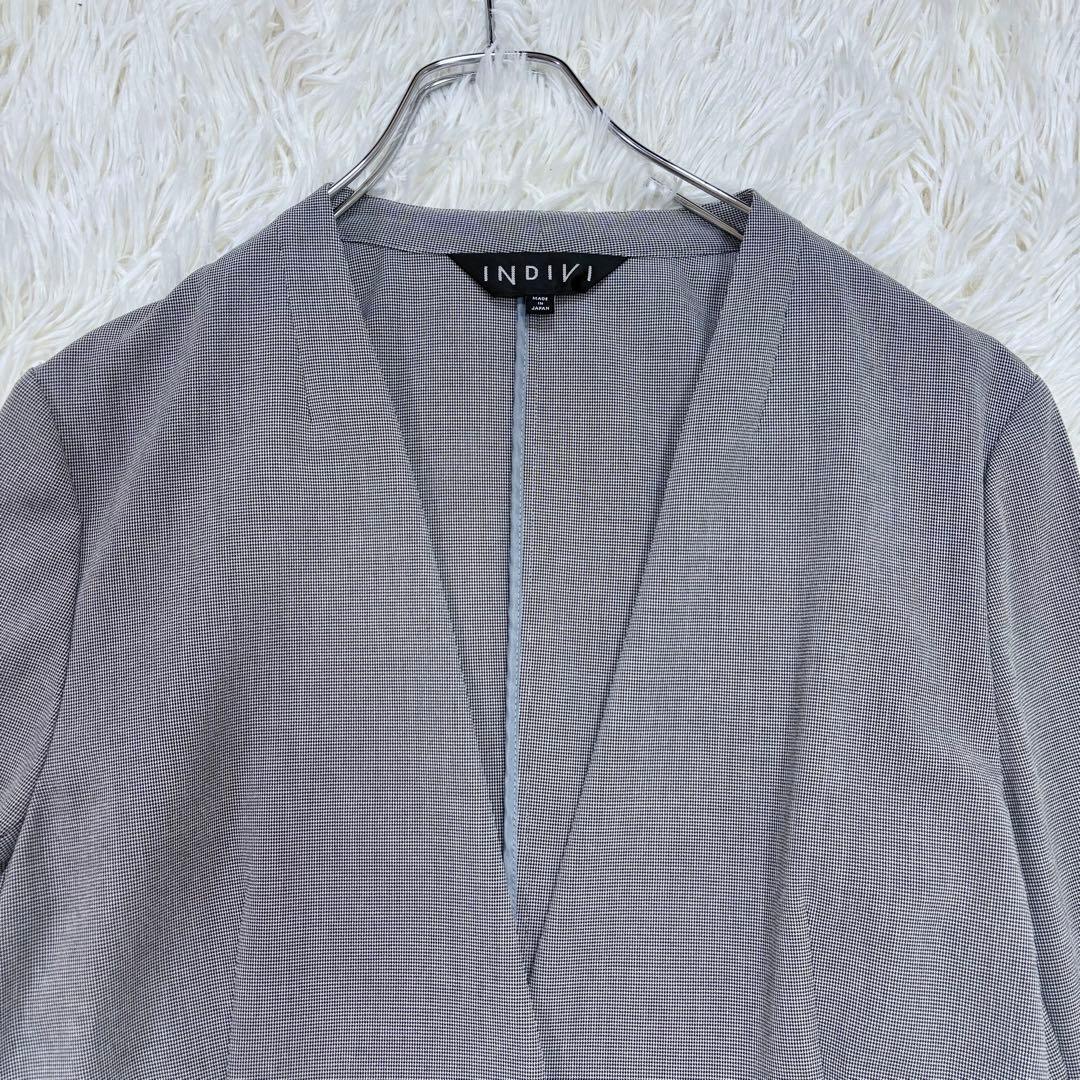 極美品 INDIVI 洗える 千鳥柄ノーカラージャケット UVケア 接触冷感LL
