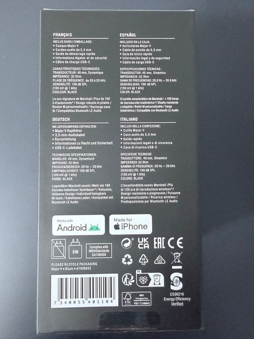 Marshall Major V ワイヤレスヘッドフォンブラック