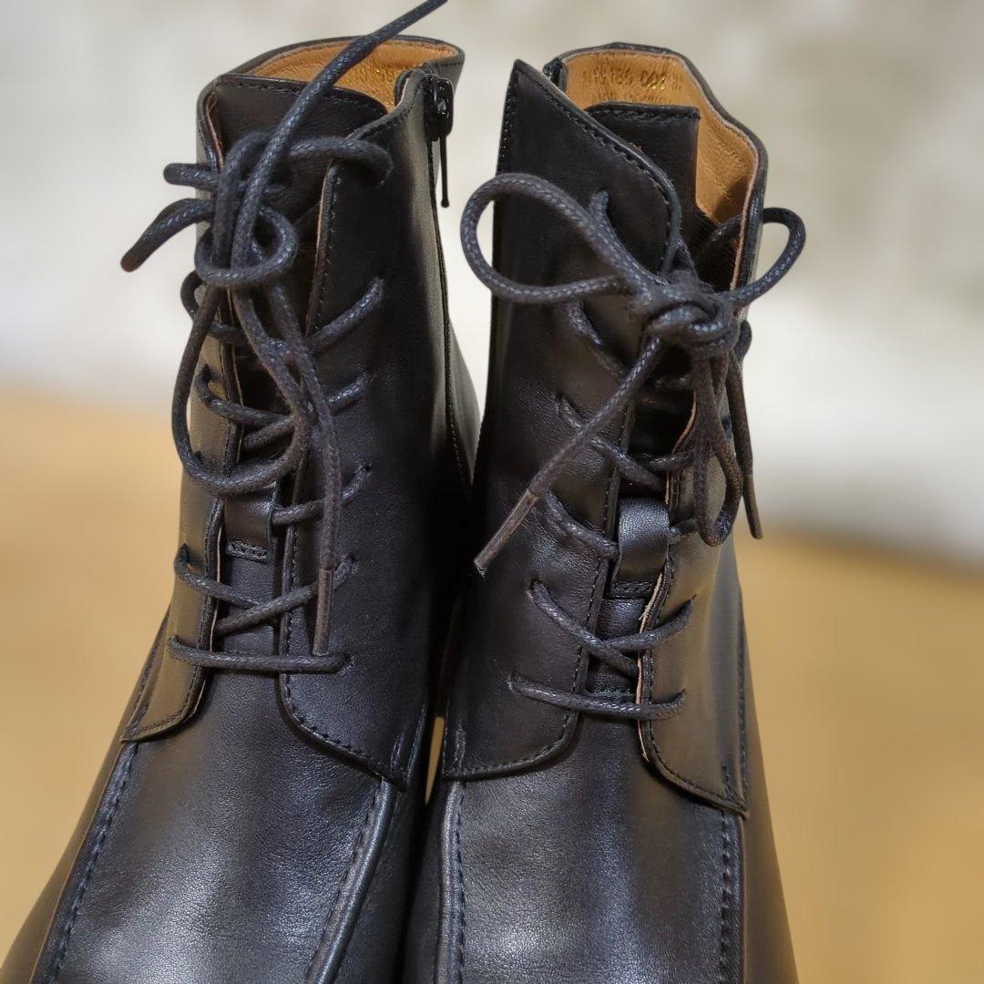 あしながおじさん　ブラックレザー編み上げブーツ　24cm　スクエアトゥ