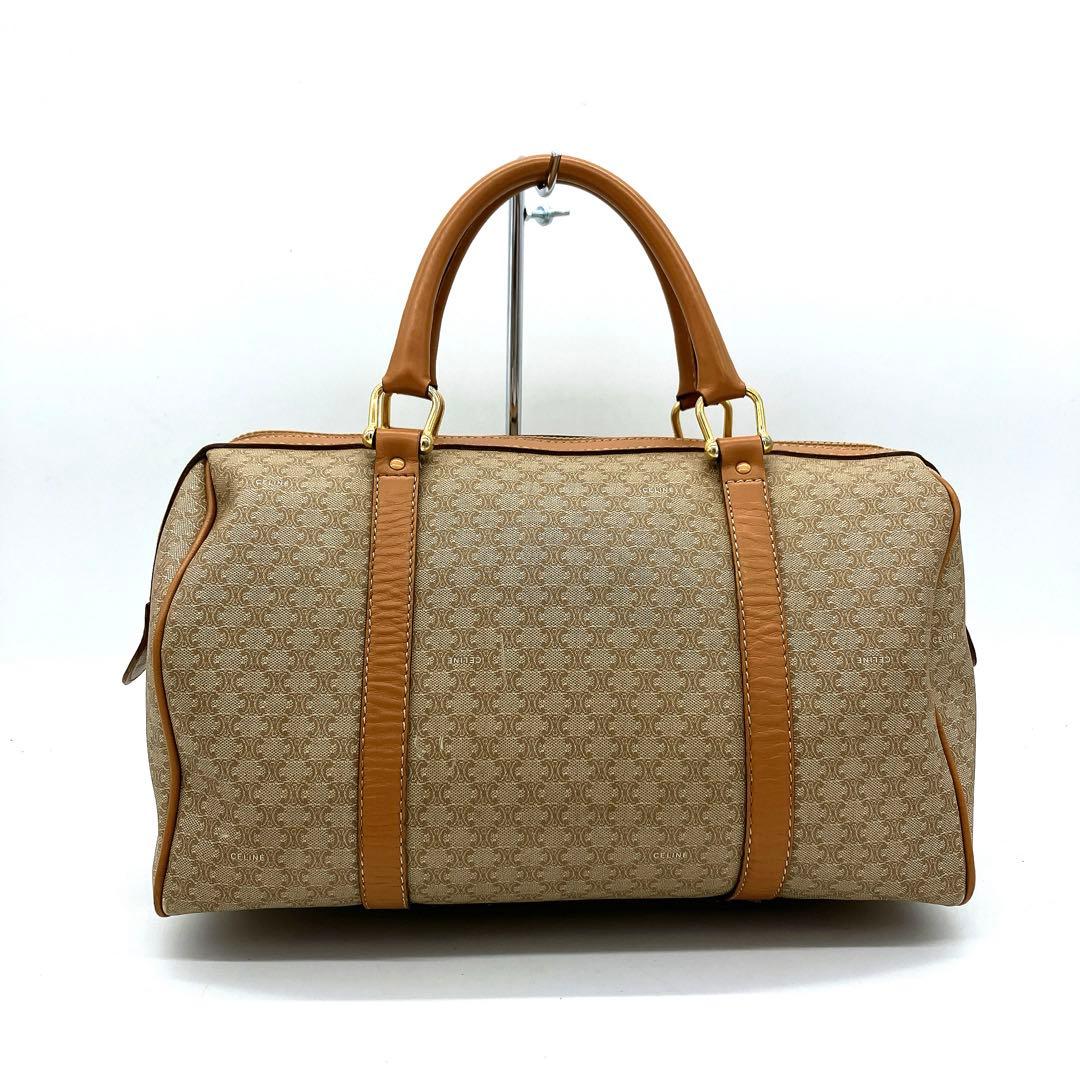 【CELINE】ミニボストンバッグ　マカダム柄　ゴールド金具　ブラウン　PVC