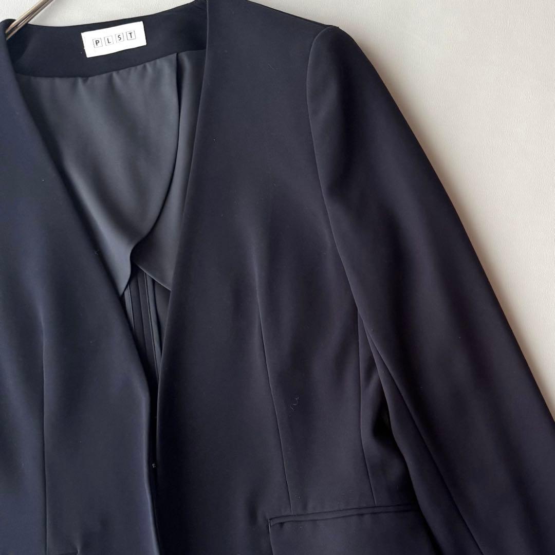 PLST 洗える ノーカラージャケット パンツ セットアップ ネイビー S