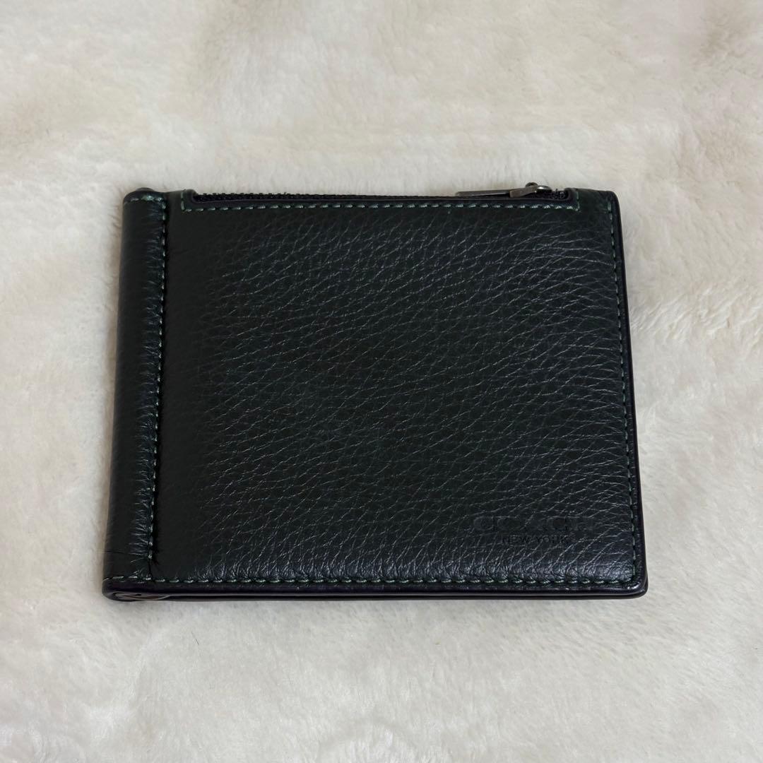 coach マネークリップウォレット ダークグリーン レザー 二つ折り財布