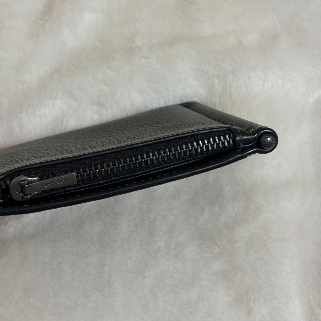 coach マネークリップウォレット ダークグリーン レザー 二つ折り財布