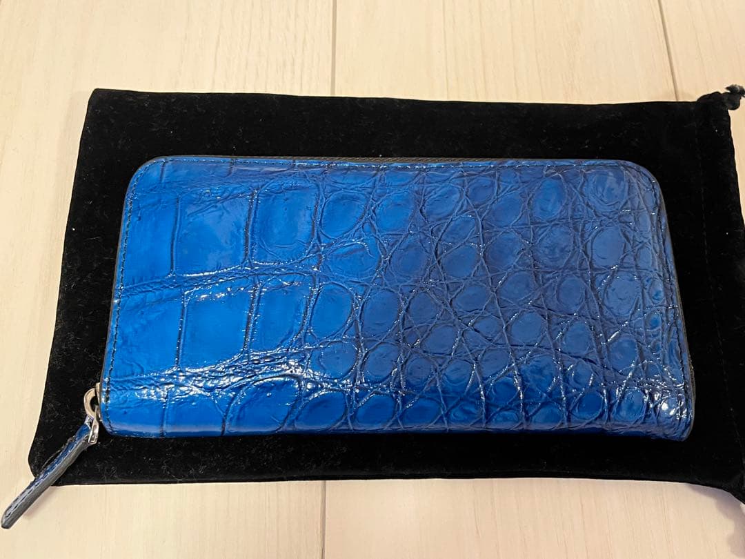 神秘の青 一枚革 クロコダイル 長財布 目地染め