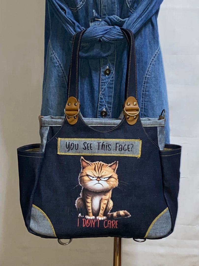 ☆両面リュック対応☆岡山デニム☆悪ネコ☆ステンシル☆4wayあおりバッグ