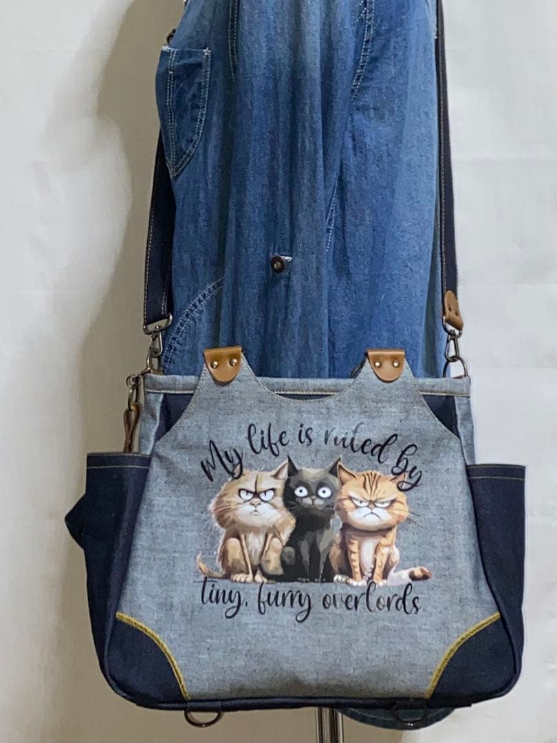 ☆両面リュック対応☆岡山デニム☆悪ネコ☆ステンシル☆4wayあおりバッグ