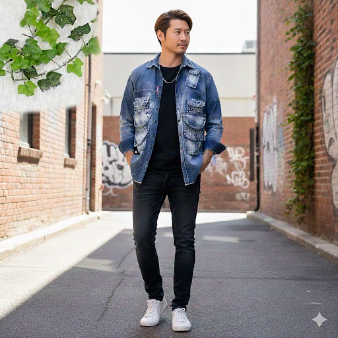 美品　ディースクエアード　ヴィンテージ加工　デニムシャツ　ブルー　48