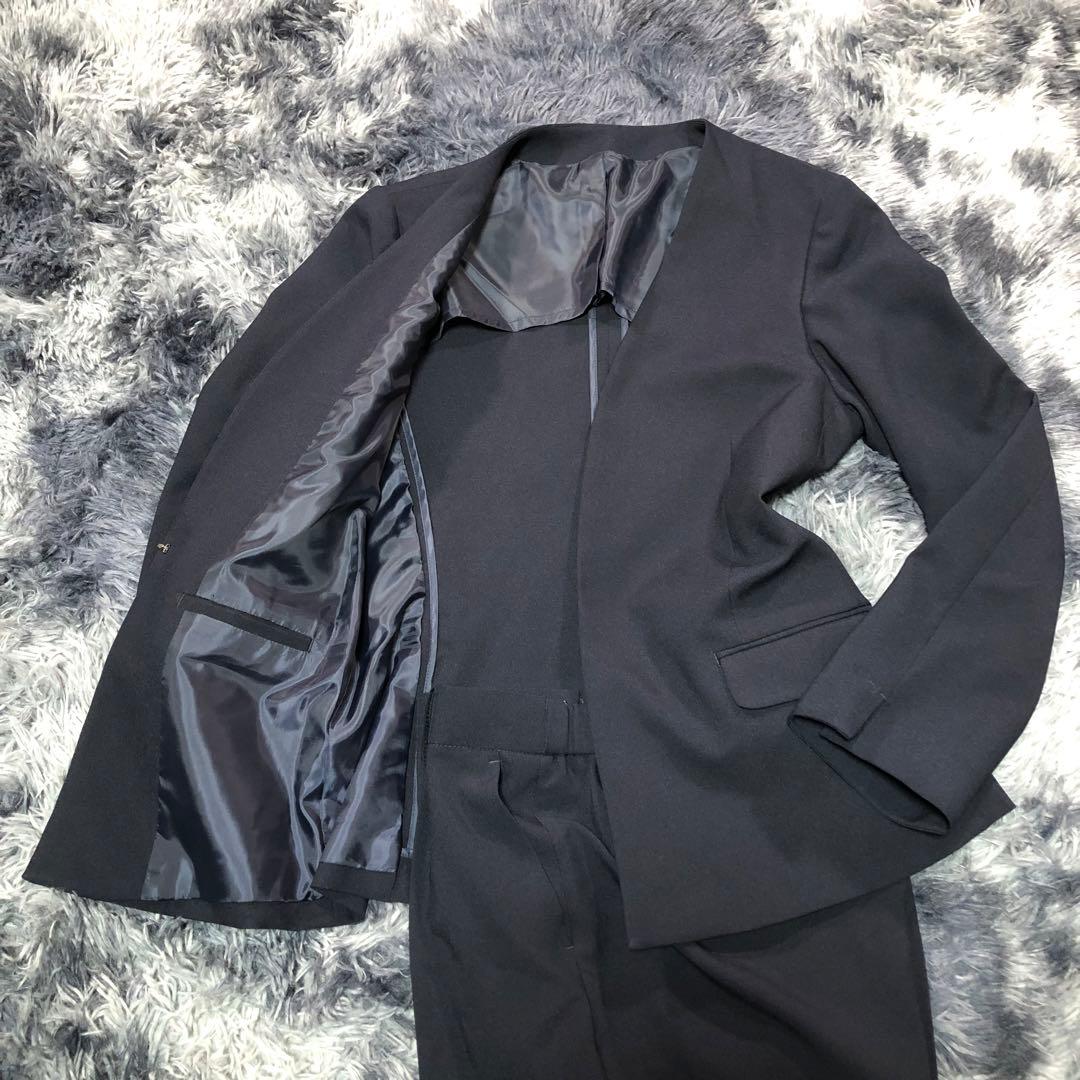 スーツセレクト【LL】パンツスーツ セットアップ ノーカラー ネイビー