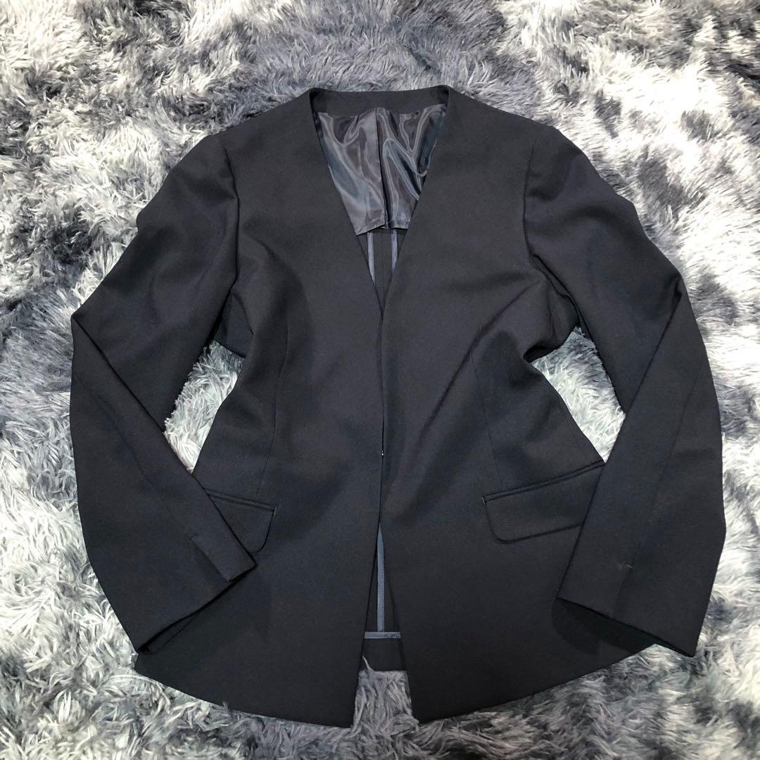 スーツセレクト【LL】パンツスーツ セットアップ ノーカラー ネイビー