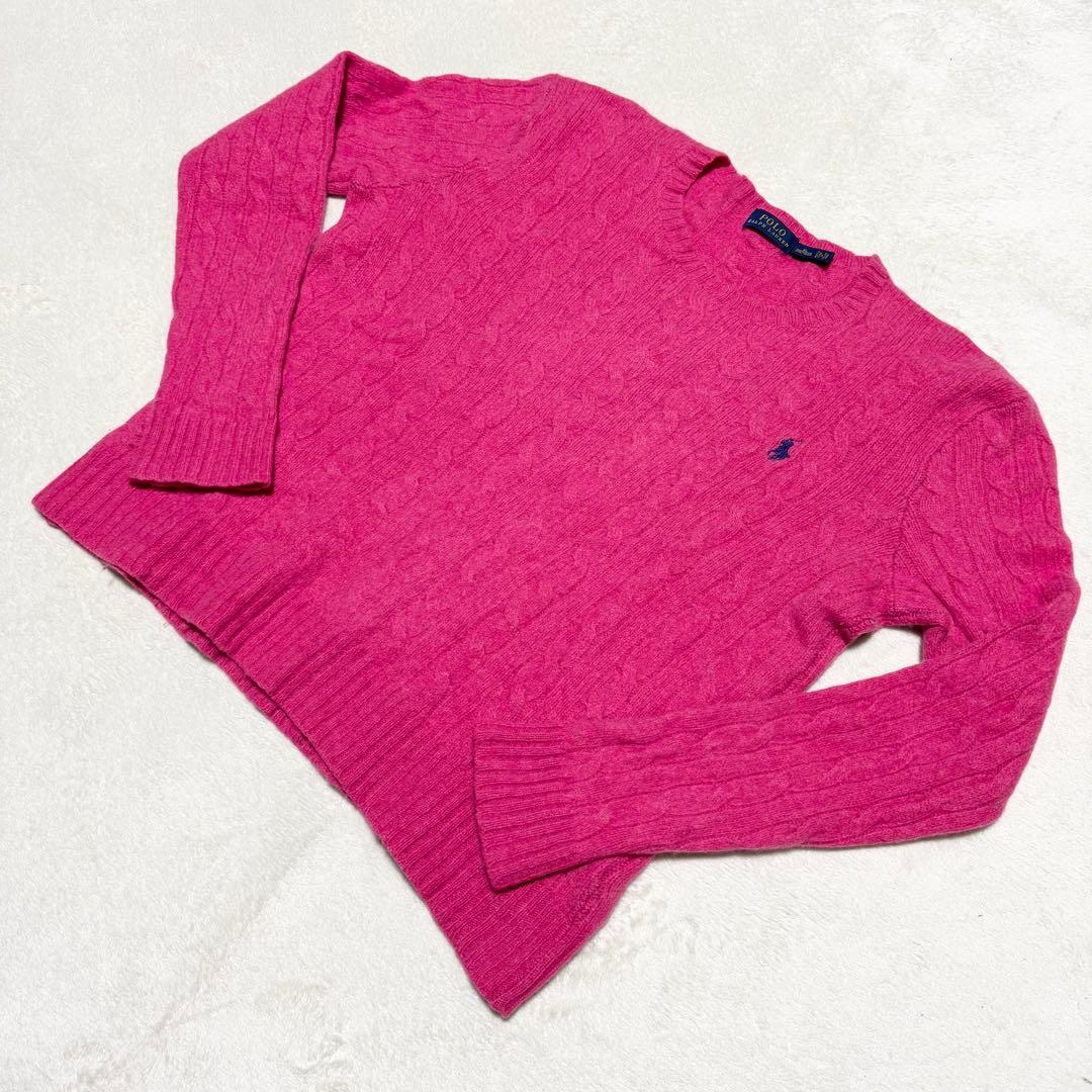 美品 ポロラルフローレン ケーブルニット カシミヤ混 ウール ピンク XL