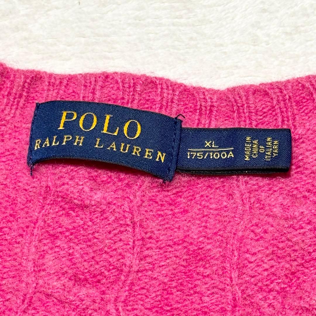 美品 ポロラルフローレン ケーブルニット カシミヤ混 ウール ピンク XL