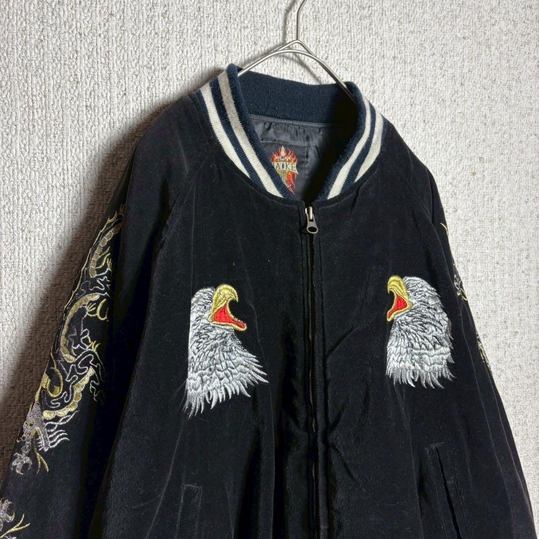 【別珍】スカジャン　ヴィンテージ　ベロア　袖刺繍　鷹　ドラゴン　龍　黒　M〜L