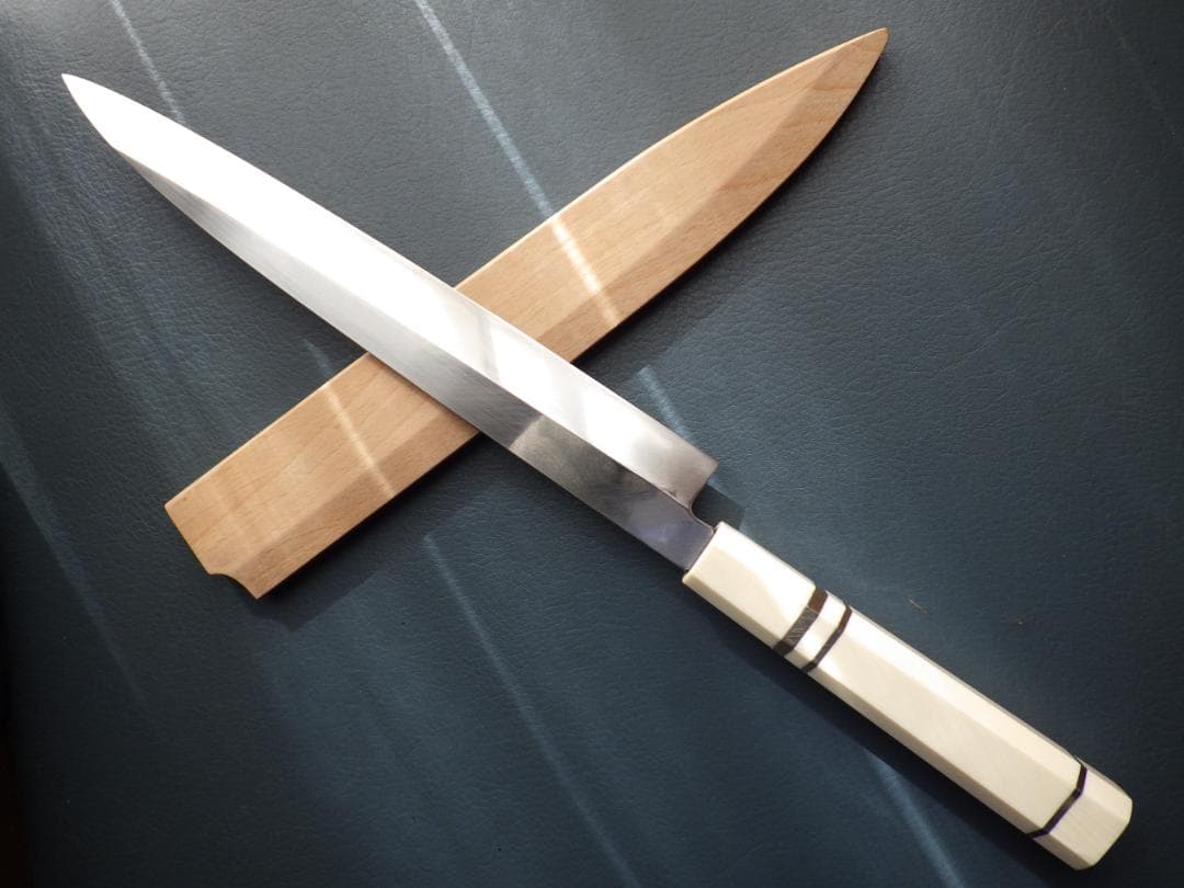 INOX本焼/貞宗/柳刃刺身包丁★人工象牙カスタム銀巻三段柄/鞘付属★