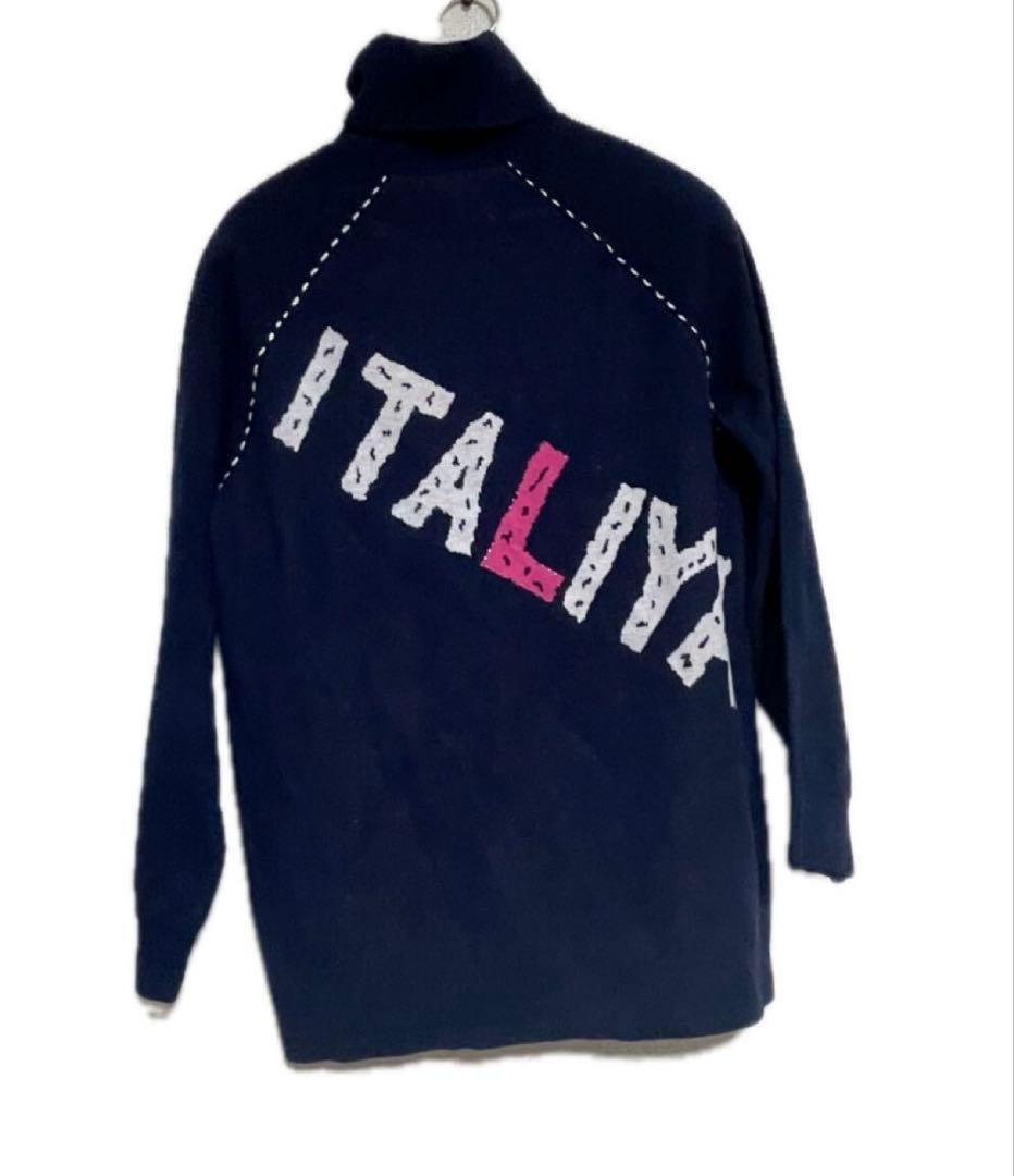 伊太利屋タートルロング丈ジャガードニット極暖セーター９号大きめ11号ロゴジュエル