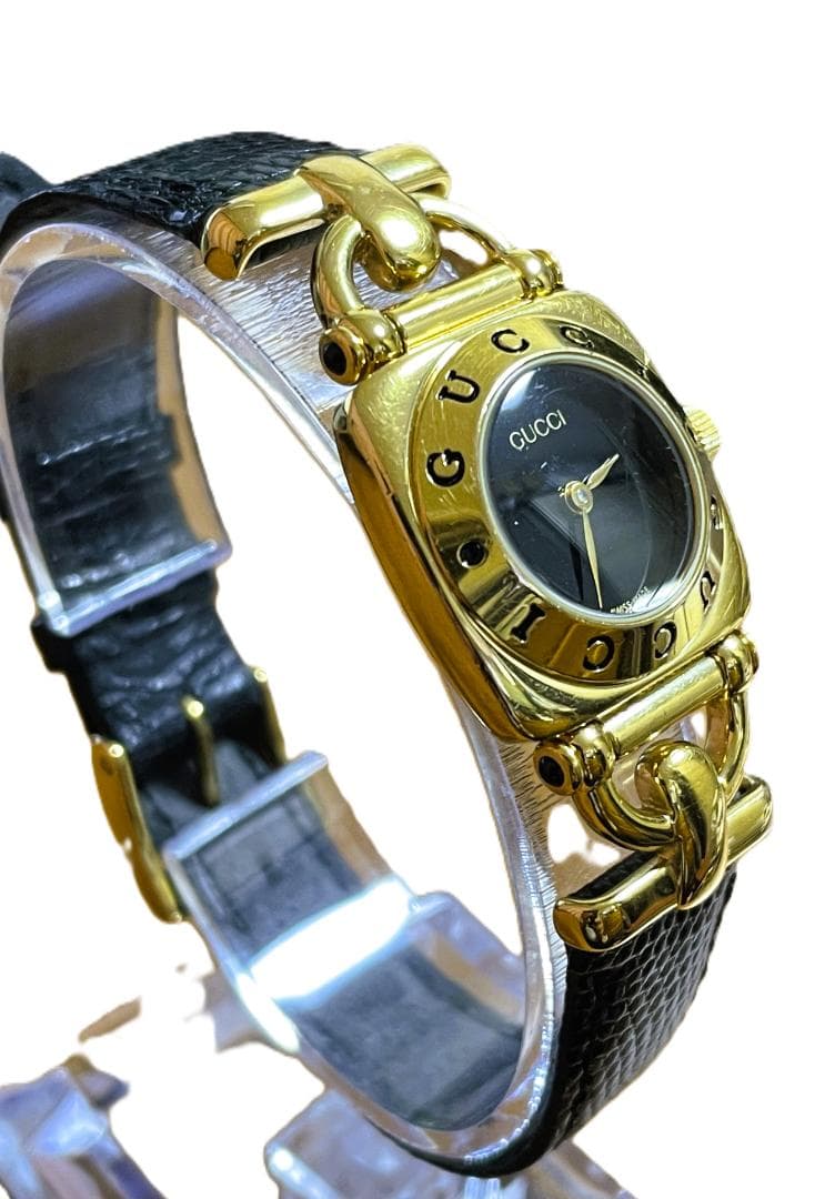 GUCCI 6300L ホースビット GP/レザー クォーツ 腕時計 稼働・箱付
