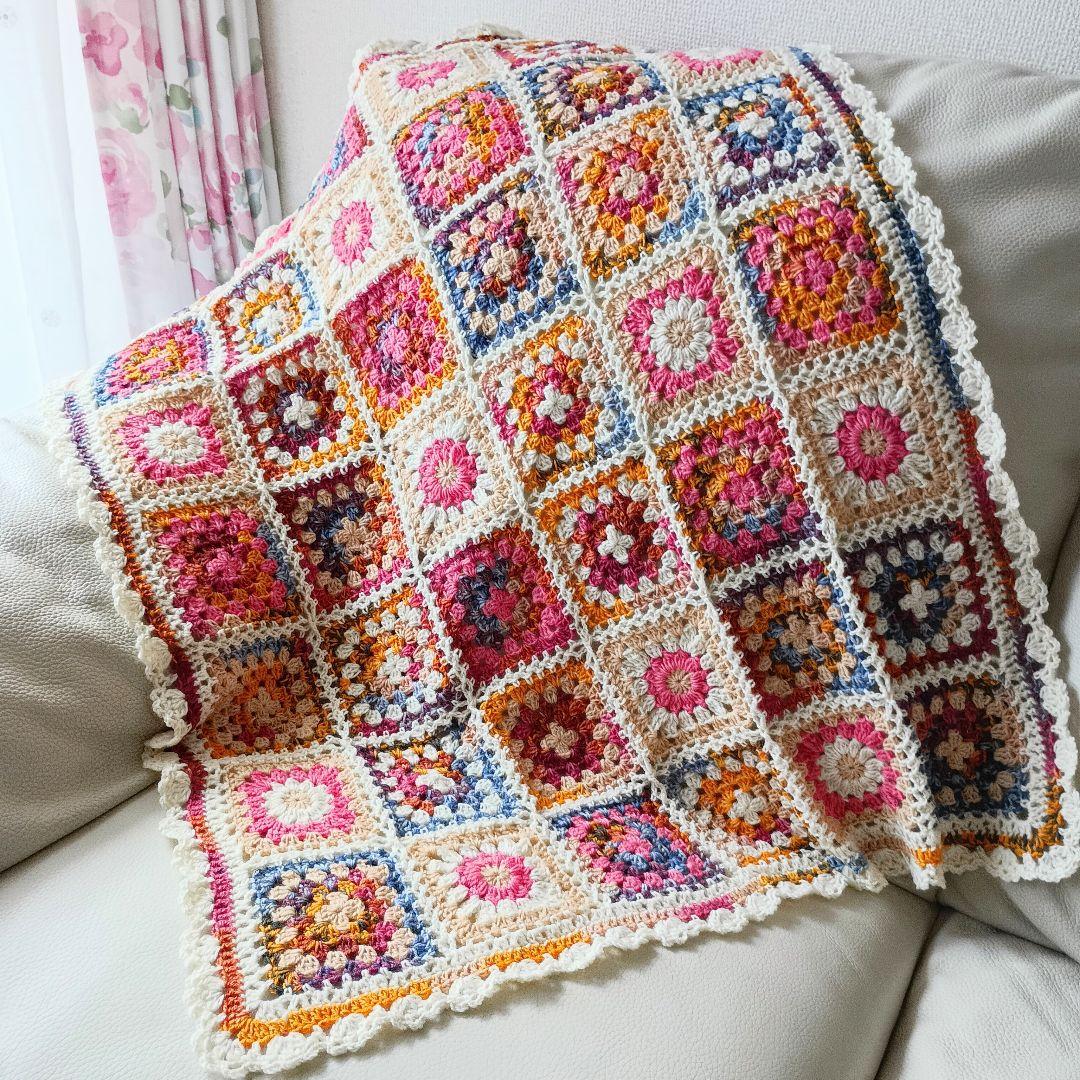 手編みブランケット★ウール★オパール毛糸★フラワーモチーフ★グラニースクエア