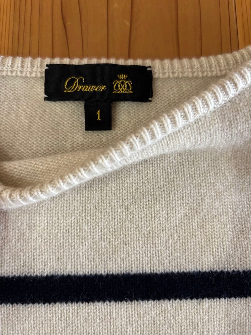 【m.ha】Drawer カシミヤ ボーダーパフスリーブニット アイボリー