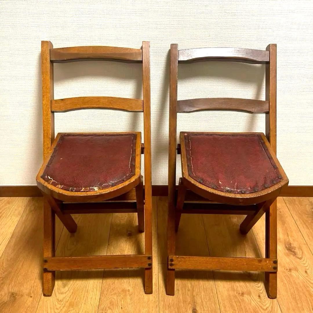 アンティーク　ヴィンテージ　椅子　2脚　折りたたみ　フォールディングチェア　飾棚