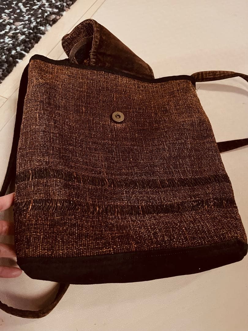 ◆柿渋染め 裂き織り ポシェット 山葡萄コサージュ付ブラウン◆