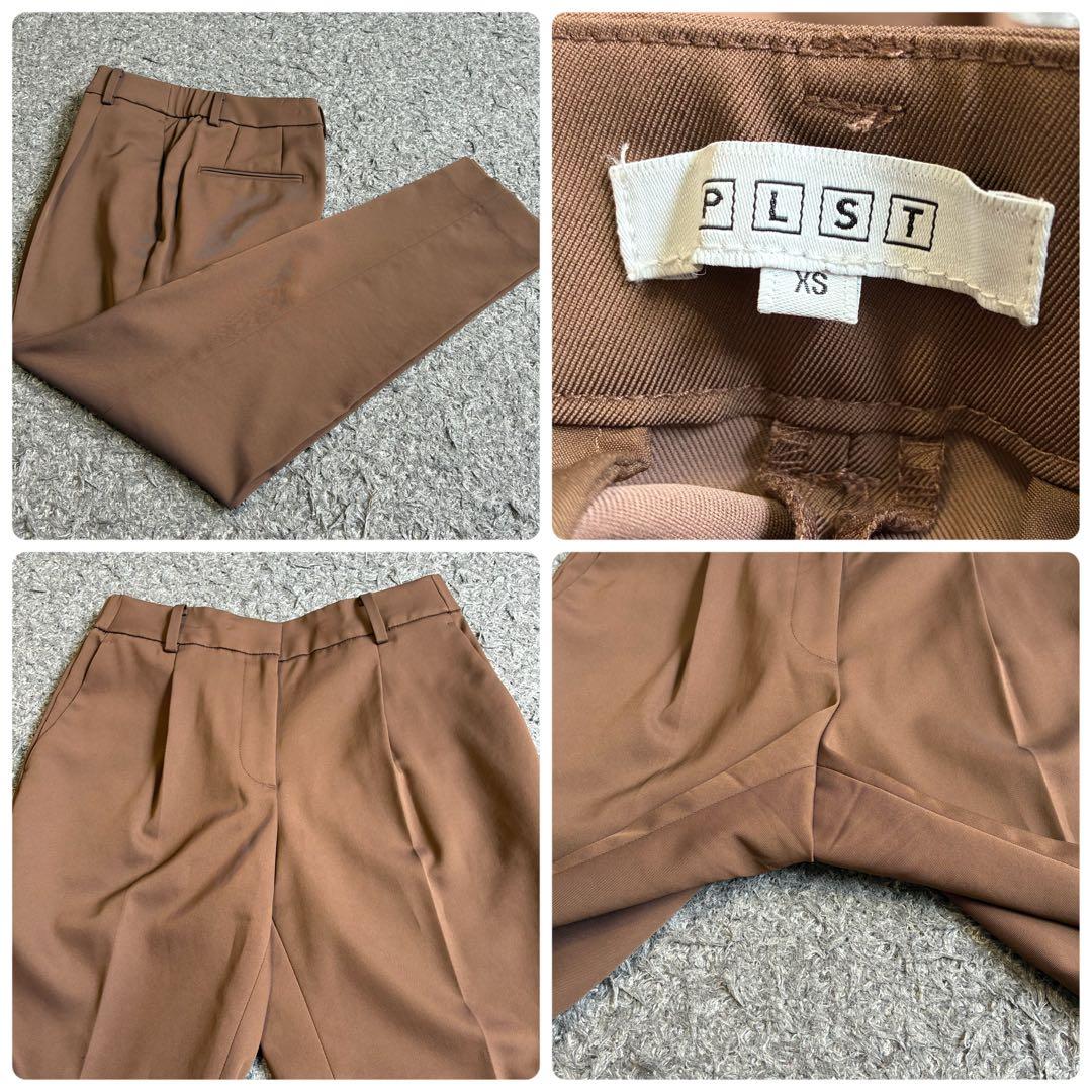 【美品】PLST ノーカラ―パンツスーツ コンフォートリュクス 茶色 S/XS