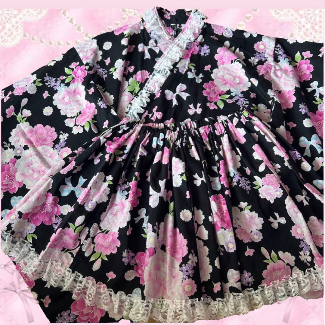 浴衣ドレス♡黒ピンク♡リボン柄150160ML♡おそろい2点ありますキティクロミ