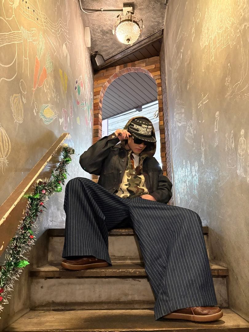 Push Push ストライプパンツ S ネイビー 着画あり