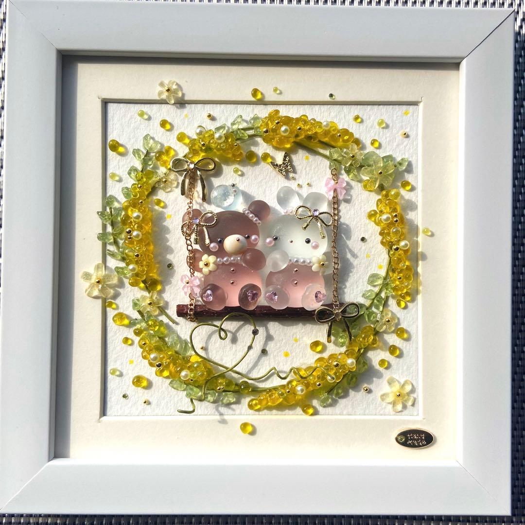 ♡ミモザリースのブランコで...♡シーグラスアート くまさんうさぎさん