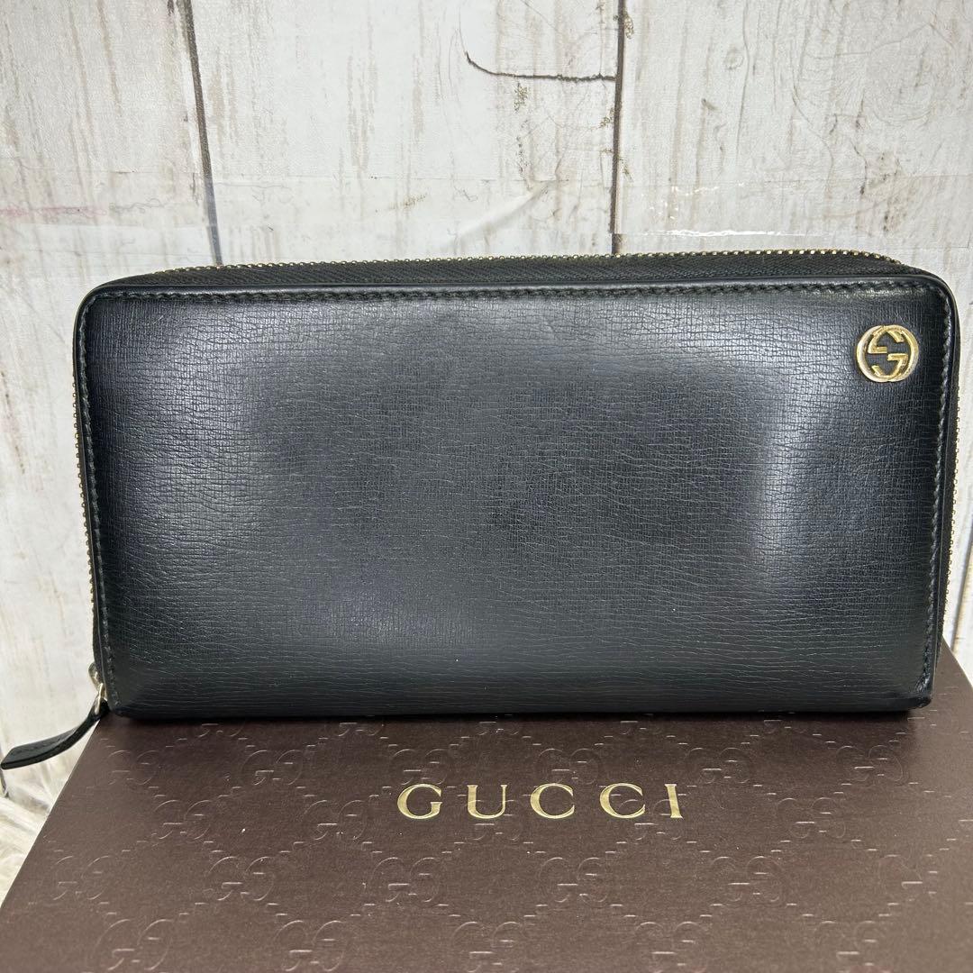 GUCCI グッチ 長財布 レザー ラウンドファスナー インターロッキング