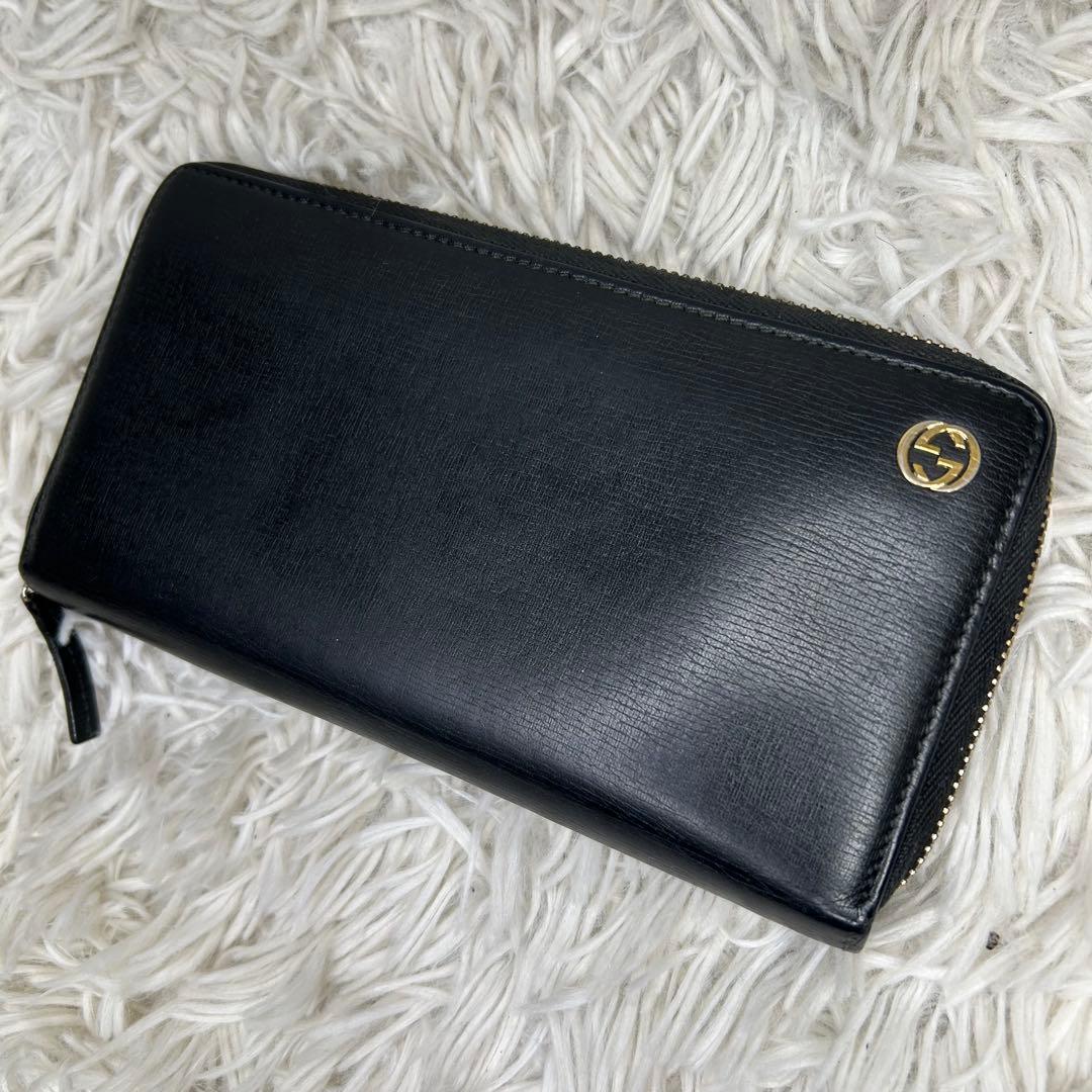GUCCI グッチ 長財布 レザー ラウンドファスナー インターロッキング
