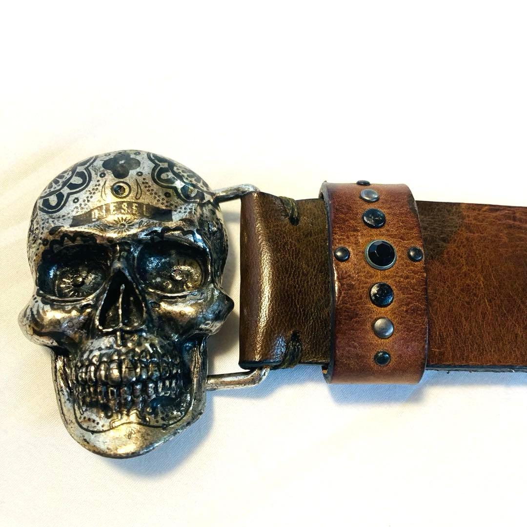 DIESEL 牛革 スカルバックル レザーベルト イタリア製 カウレザー ドクロ
