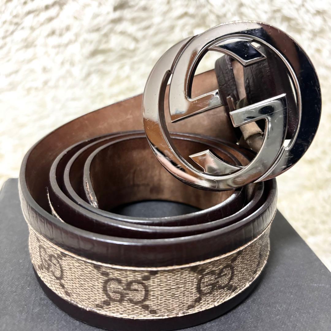 【美品】グッチ ベルト ベージュ ブラウン インターロッキング キャンバス