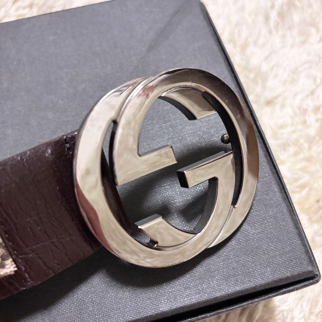 【美品】グッチ ベルト ベージュ ブラウン インターロッキング キャンバス