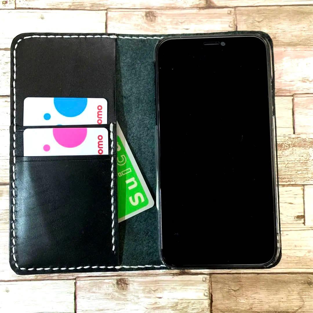 栃木レザー　ブラック　iPhoneケース　　手帳型　本革