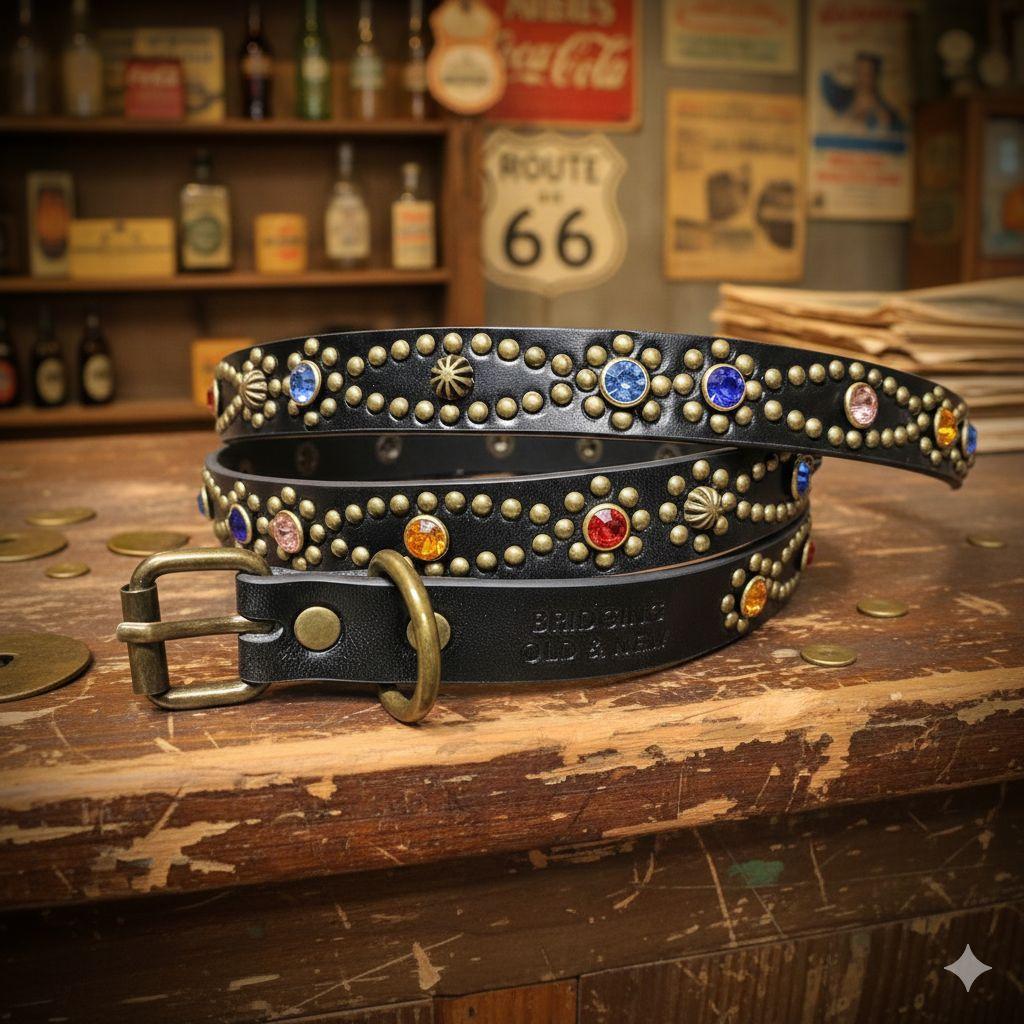 クロス虹■本革レザーフルスタッズナローベルト☆マルチアンティークゴールドブラス