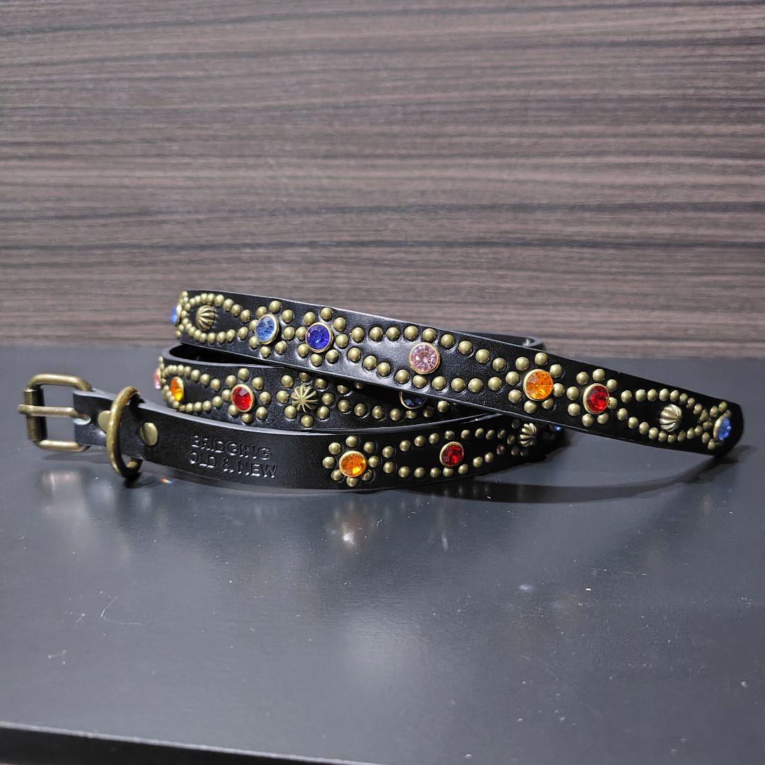 クロス虹■本革レザーフルスタッズナローベルト☆マルチアンティークゴールドブラス