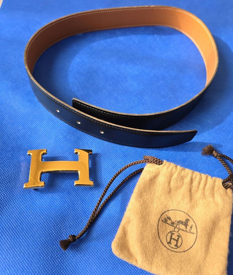 HERMÈS Hベルト ボックスカーフ 黒×キャメル