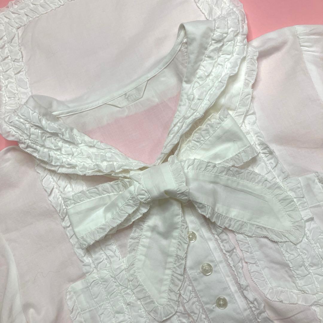 ピンクハウス 白 ピコフリル使い サッシュリボン付き 綿ローンセーラーブラウス