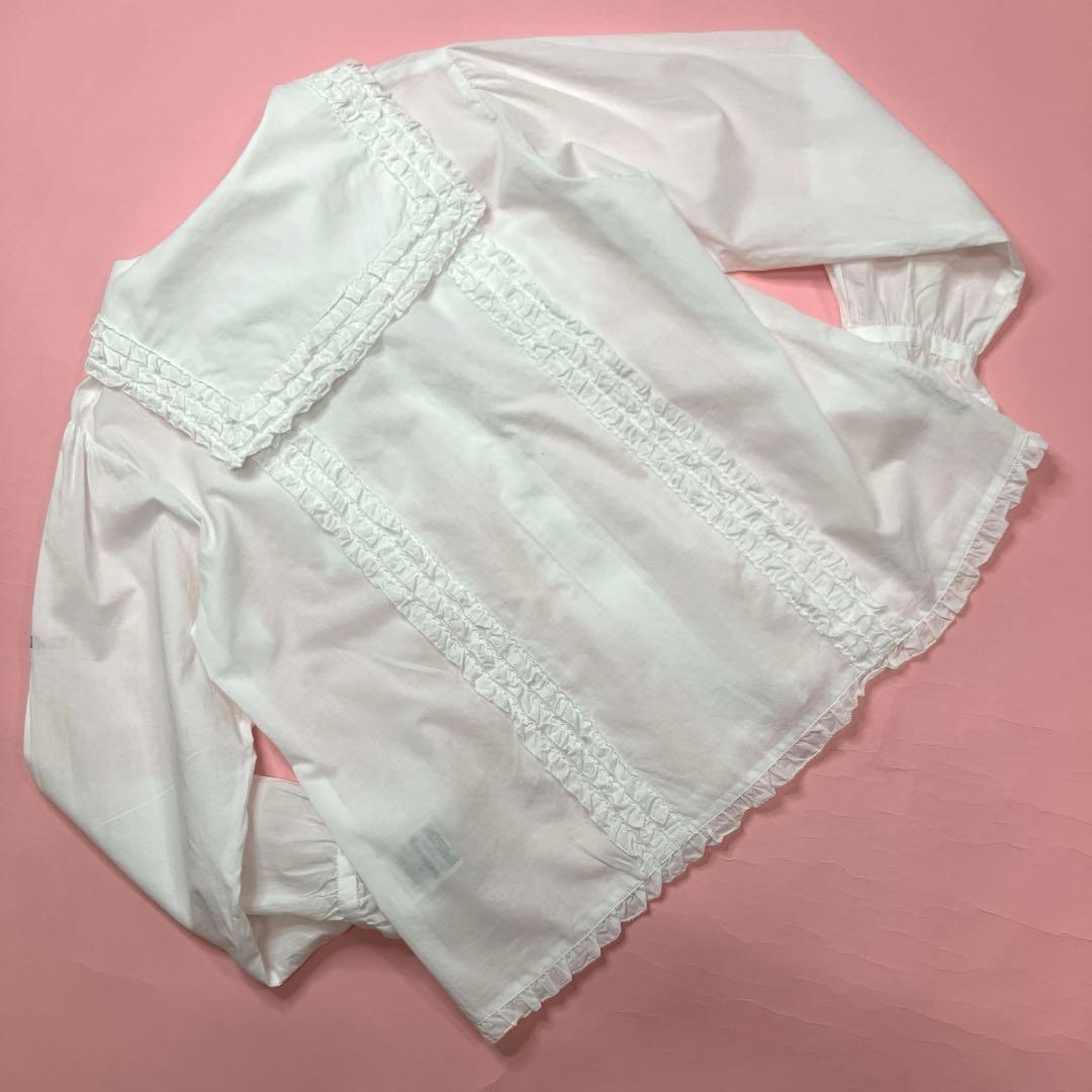 ピンクハウス 白 ピコフリル使い サッシュリボン付き 綿ローンセーラーブラウス