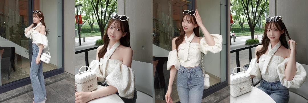 ダーリッチ darich ホルターネックオフショルツイードトップス サックス