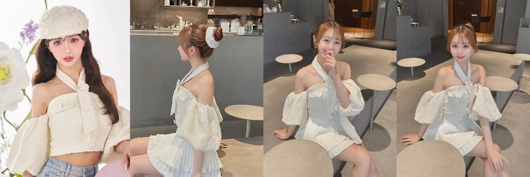 ダーリッチ darich ホルターネックオフショルツイードトップス サックス