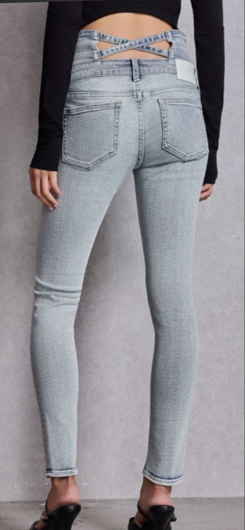 ハイウエストウエストクロススキニーデニムパンツライトグレーGYDA