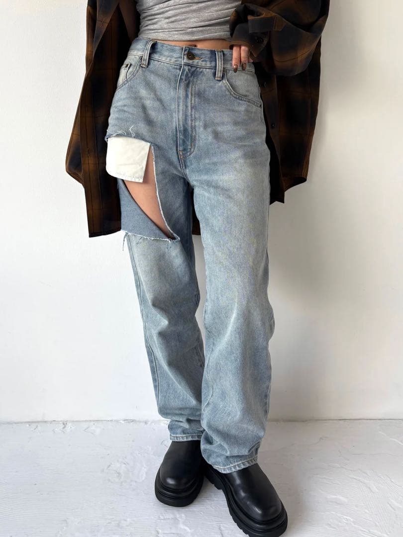 パンツ efu CUT OUT STRAIGHT DENIM