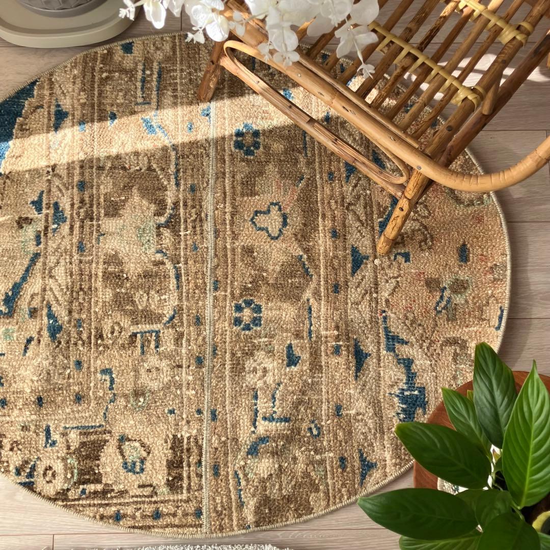75×88✳︎楕円ラウンド　ブラウン　ブルー　パッチワーク　トルコヴィンテージラグ