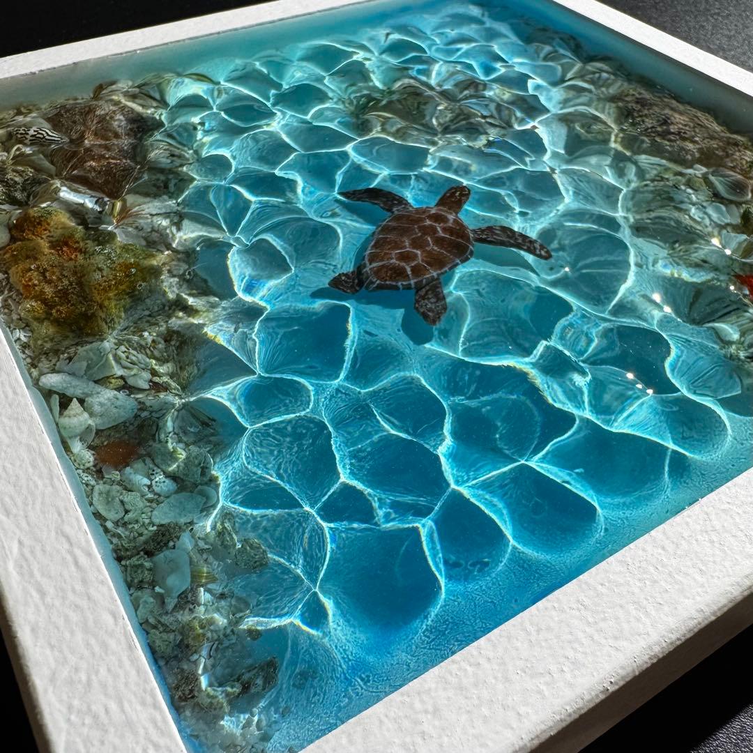 レジンアート オーシャンアート ウミガメ ホヌ 海 アート 波紋 アートパネル