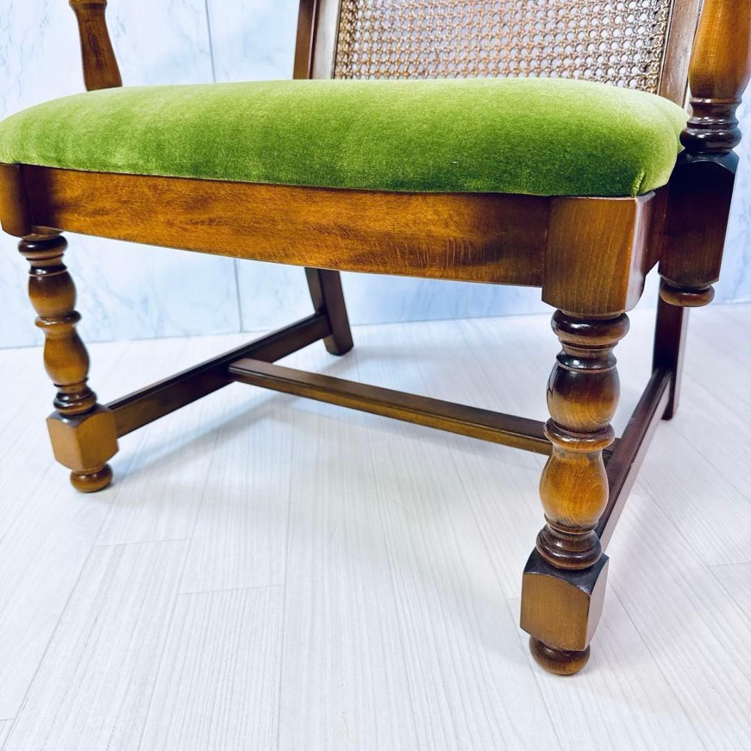 美品 オールド カリモク アンティーク ラタンチェア モケットグリーン 希少