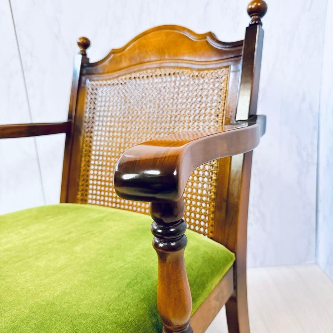 美品 オールド カリモク アンティーク ラタンチェア モケットグリーン 希少